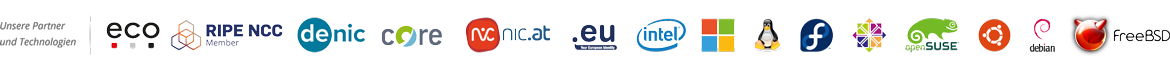 Partner & Technologien: eco, RIPE NCC, DENIC, core, nic.at, .eu, Intel, Microsoft, Linux, Fedora, openSUSE, Ubuntu, Debian, FreeBSD